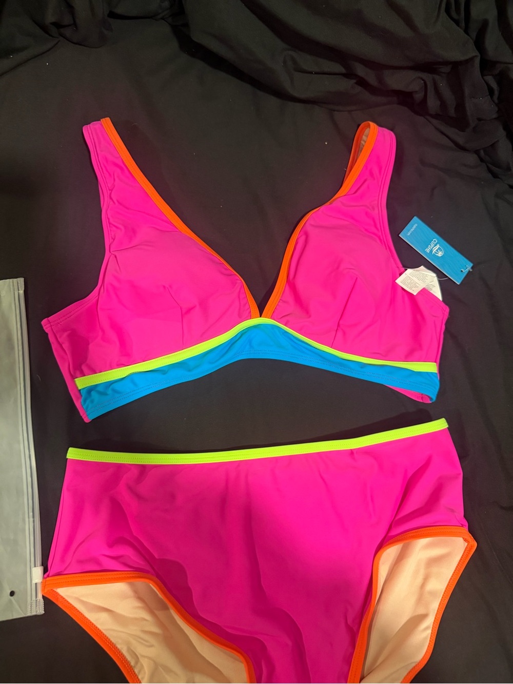 Cupshe Neon Colorblock Bikini Top and High Waisted Bottoms Size L NWT - Picture 3 of 11